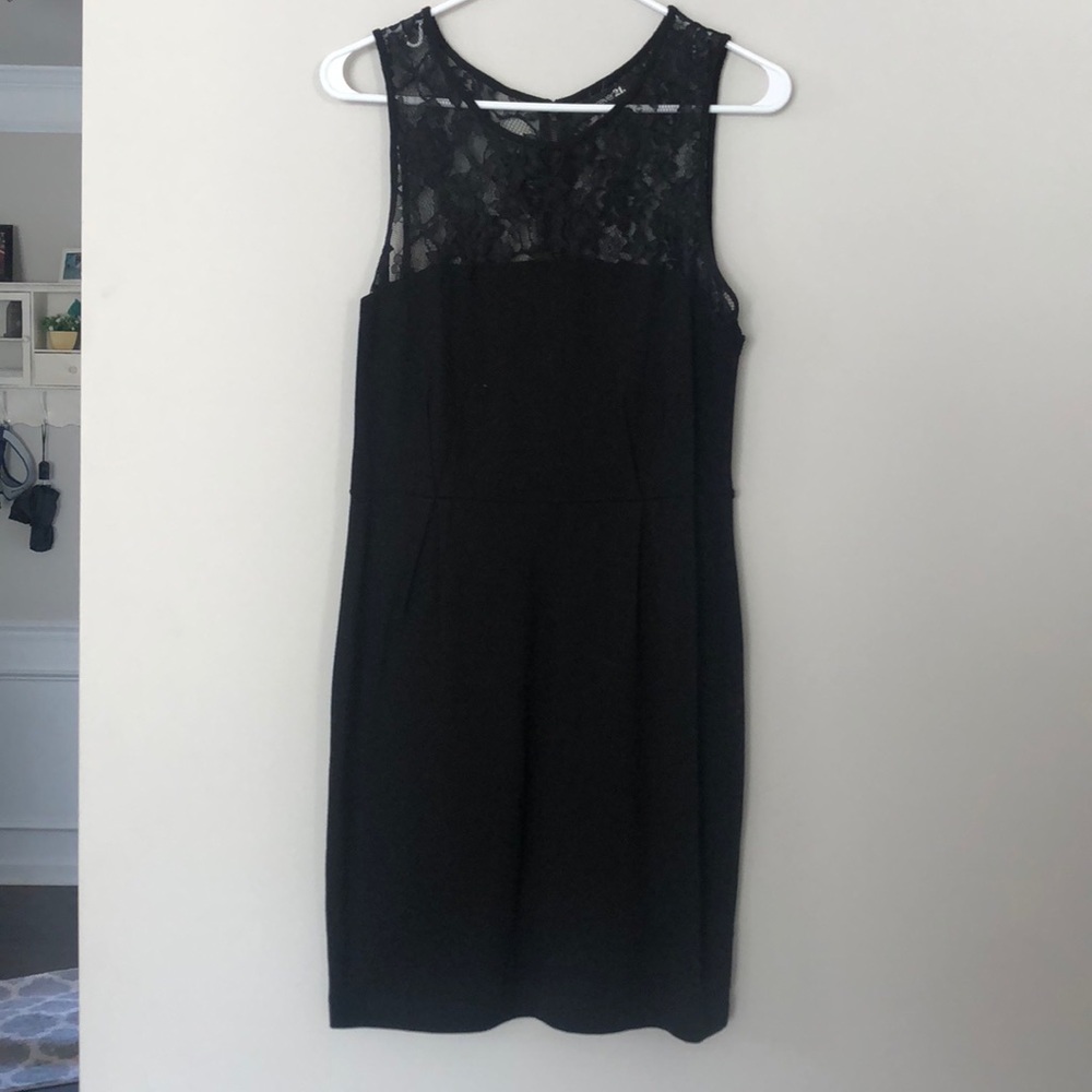Lace top black dress.